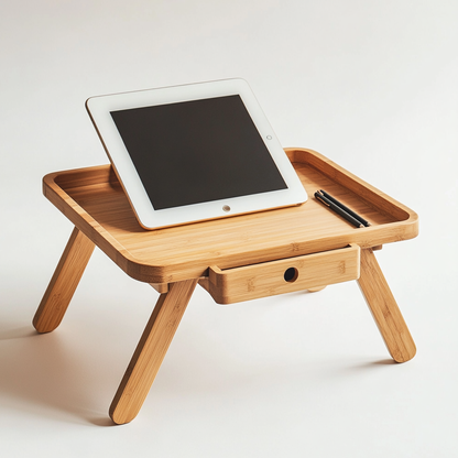 Kldxw Bamboo Laptop Desk for Bed - Tilting Tray Table with Storage Drawer - Height Adjustable Folding Legs - Eco-Friendly Breakfast in Bed Tray - Natural