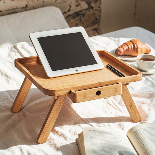 Kldxw Bamboo Laptop Desk for Bed - Tilting Tray Table with Storage Drawer - Height Adjustable Folding Legs - Eco-Friendly Breakfast in Bed Tray - Natural