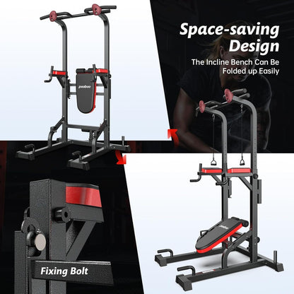 Pooboo Power Tower Dip Station, Pull-Up Bar, Supine Board, Adjustable