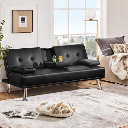Yaheetech Convertible Sofa Bed Adjustable Couch Sleeper Modern Faux Leather Home Recliner Reversible Loveseat Folding Daybed Guest Bed, Removable Armrests, Cup Holders, 3 Angles, 772lb Capacity, Black