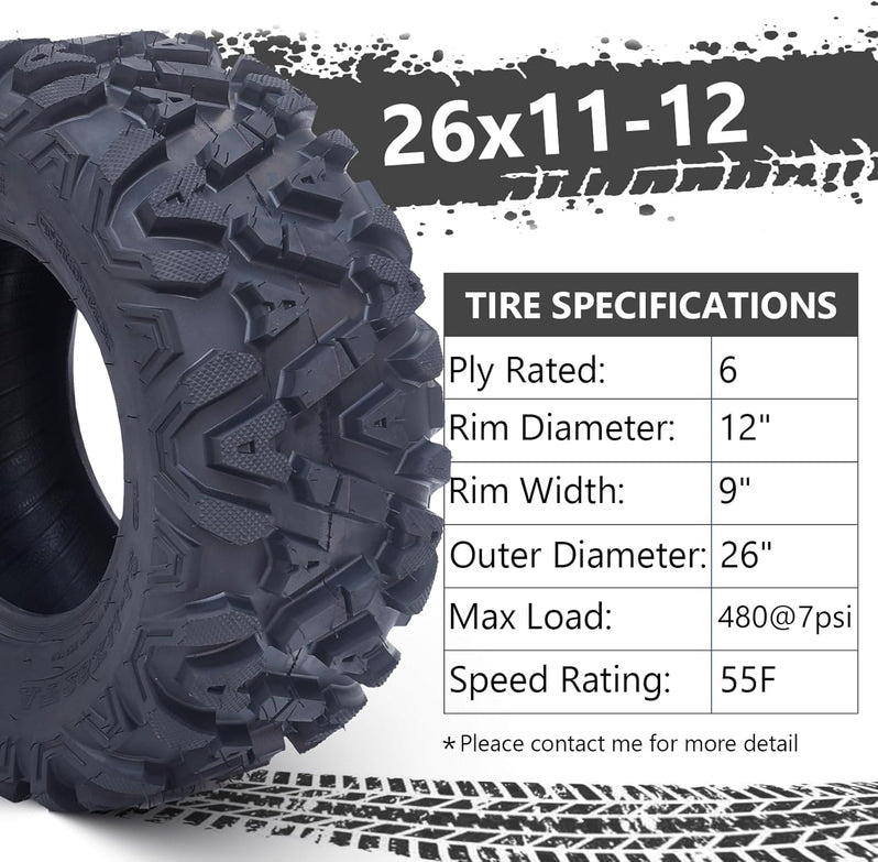 26x12x12 Atv Tires, Set of 2 Atv Tires 26x12-12 6PR, All Terrain Atv/Utv Off-Road Tires, Black