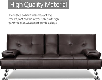 Yaheetech Convertible Sofa Bed Adjustable Couch Sleeper Modern Faux Leather Home Recliner Reversible Loveseat Folding Daybed Guest Bed, Removable Armrests, Cup Holders, 3 Angles, 772lb Capacity, Black