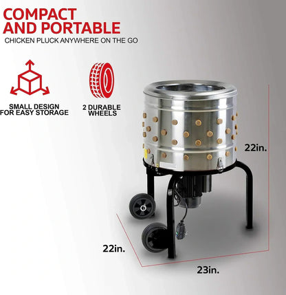 Kitchener Chicken Plucker De-Feather Remover Poultry and Fowl Food Processor Electric Stainless Steel Heavy Duty 1HP 120VAC 280RPM GFCI Connector 92 Soft Fingers 20" Drum Diameter